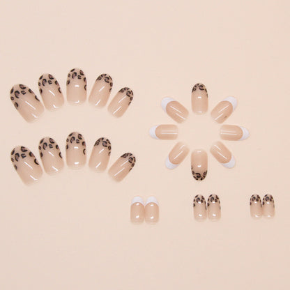 24-Piece Nude French Tip Leopard Print Press-On Nails – Glossy Almond False Nails | Reusable Stick-On Nail Set