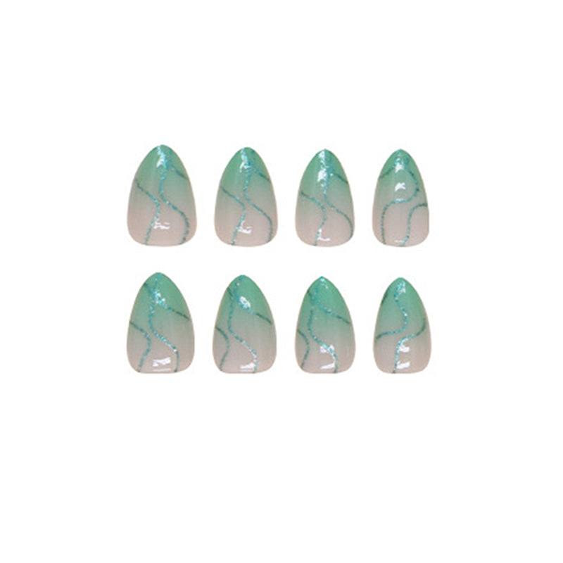 Mint Green Ombre with Silver Glitter Design, 24 Pieces, Artificial Press-On Nails
