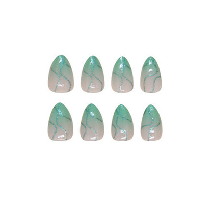 24-Piece Green Swirl Almond Press-On Nails – Glossy Nude French False Nails with Abstract Wave Design | Reusable Stick-On Nail Set
