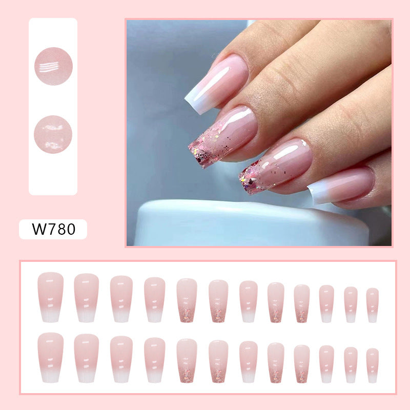 Long Square Press-On Nail Set – Nude Pink Ombre with Rose Gold Glitter Tips | Glossy Reusable False Nails (Set of 24 Pieces)