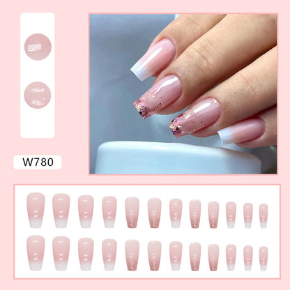 Long Square Press-On Nail Set – Nude Pink Ombre with Rose Gold Glitter Tips | Glossy Reusable False Nails (Set of 24 Pieces)
