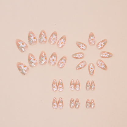 24-Piece Nude Floral Almond Press-On Nails – Glossy Pink False Nails with White Daisy Design | Reusable Stick-On Nail Set