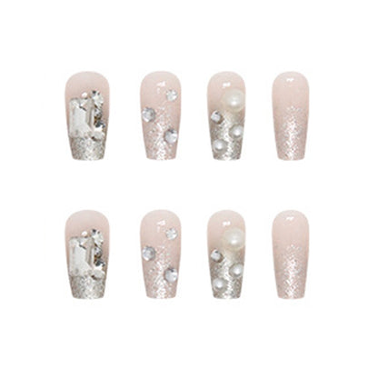 Coffin Shape Press-On Nail Set – Champagne Gold Glitter Pearl Nails with Mirror Foil | Glossy Reusable False Nails (Set of !2)
