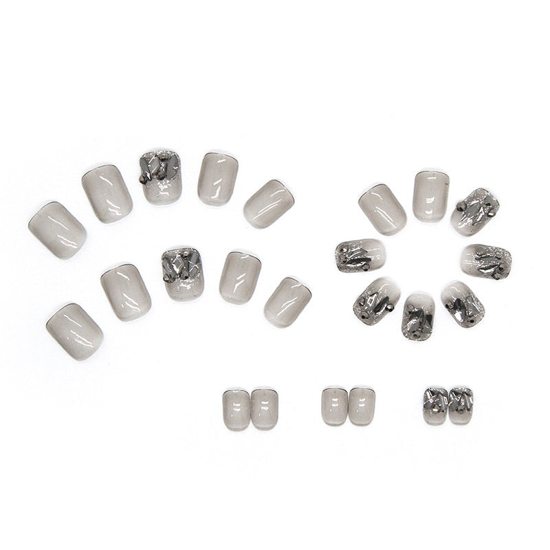 Grey Marble Effect, Glitter Accent False Nails, Square Short Length, Press-On Nails