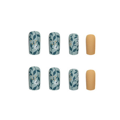 Sage Blue Botanical Press-On Nails – Matte Oval Floral Nail Set (Set of 24)