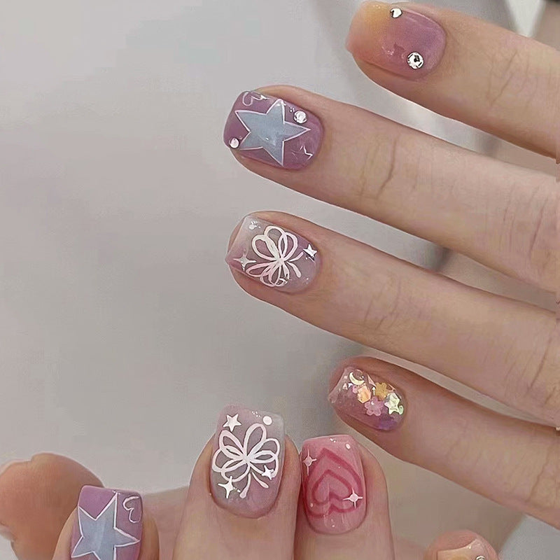 Butterfly and Star Design, Pink and Purple Gradient, Rhinestone Accents, Press-On Nails