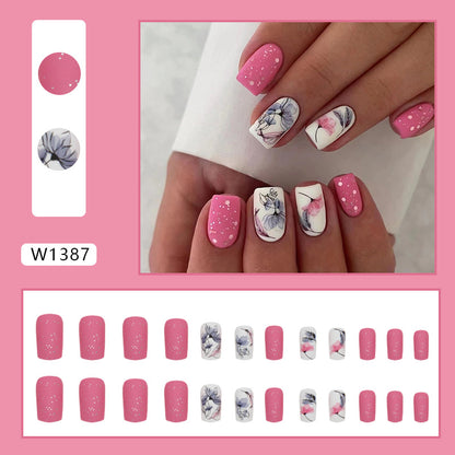 Matte Pink Floral Square Press-On Nails – White Botanical Nail Art Set (Set of 24)