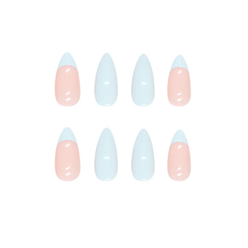 Stiletto Shape, Baby Blue and Pink French Tips, 24 Pieces, Artificial Press-On Nails