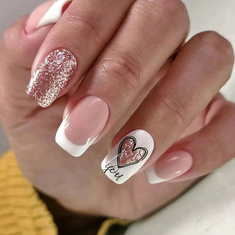Nail Art Set, French Manicure Design with Pink Glitter and Heart Pattern, Press on Nails