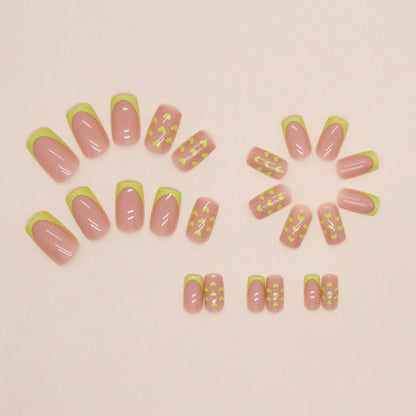Neon Yellow French Tip Square Press-On Nails – Glossy Nude Summer Heart Nail Set (Set of 24)