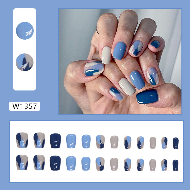 Gradient Blue and White Nail Art, Mixed Design Manicure Set, Square Tips, Press-on Nails