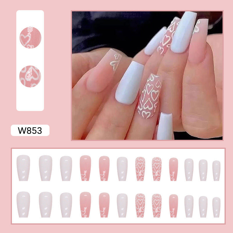 Long Coffin White with Heart Pattern Design Press on Nails