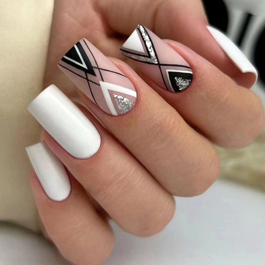 Geometric Nail Art Design Set, White and Pink with Black Lines, Silver Glitter Accents, Long Square Tips, Press on Nails
