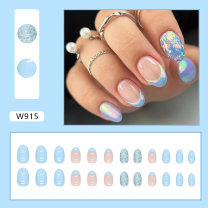 French Manicure Style Nails with Blue Tips and Glitter Accent, Press-On Nails (Set of 24)