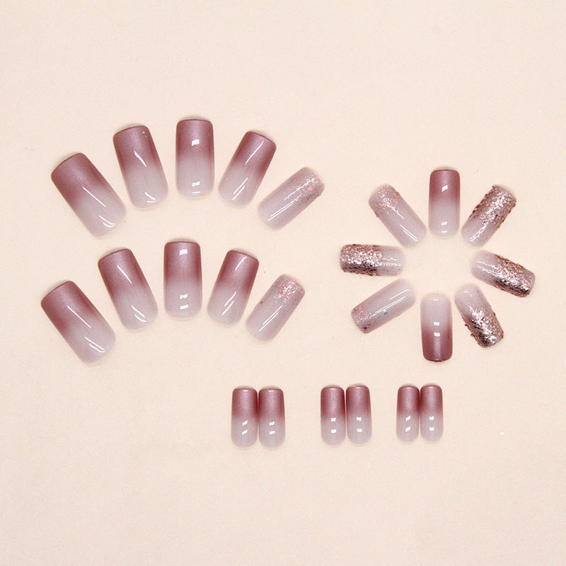 Rose Gold Chrome French Tips with Glitter Accent, Square Shape, 24 Pieces, Press-On Nails