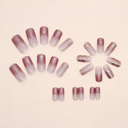 Rose Gold Chrome Square Press-On Nails – Glossy Pink Glitter Ombre Nail Set (Set of 24)