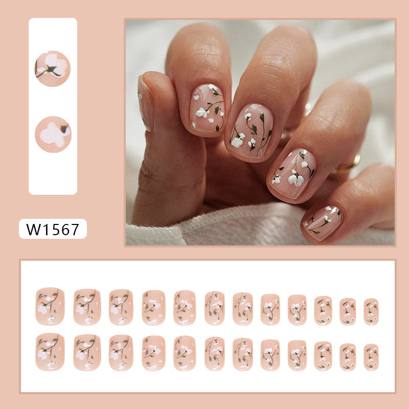 24-Piece Nude Floral Short Square Press-On Nails – Glossy Pink False Nails with White Wildflower Design | Reusable Stick-On Nail Set