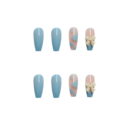 Long Almond Press-On Nail Set – Sky Blue Heart Nails with 3D Bow Accent | Glossy Reusable False Nails (Set of 12)