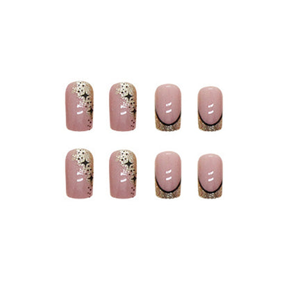 Sunset Glam Square Press On Nails – 24 Piece Black French Tip & Gold Glitter Nail Set