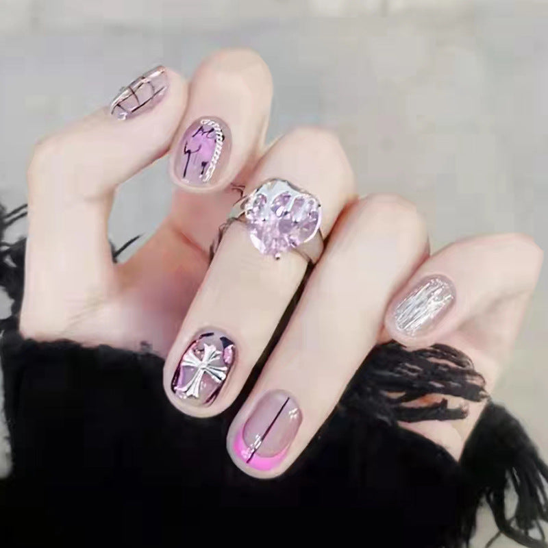 Gothic Cross Design, Pink and Silver Metallic Art, Press-On Nails