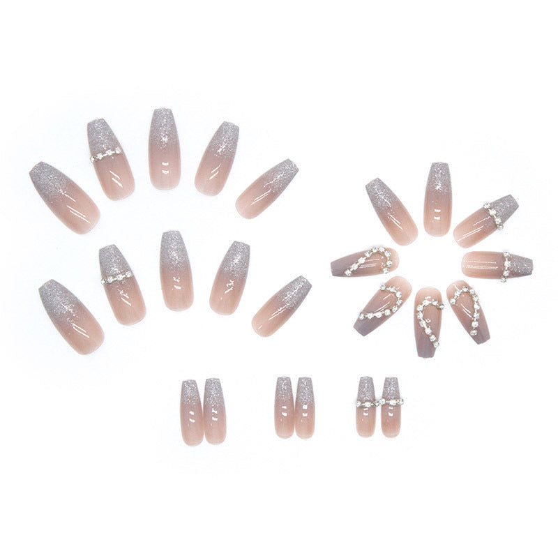 Glitter Heart Design, Crystal Clear French Tips, Long Length, Press-On Nails