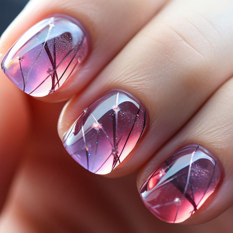 Geometric Nail Art Stickers, Purple Pink Gradient Design, Metallic Lines Pattern, Press on Nails
