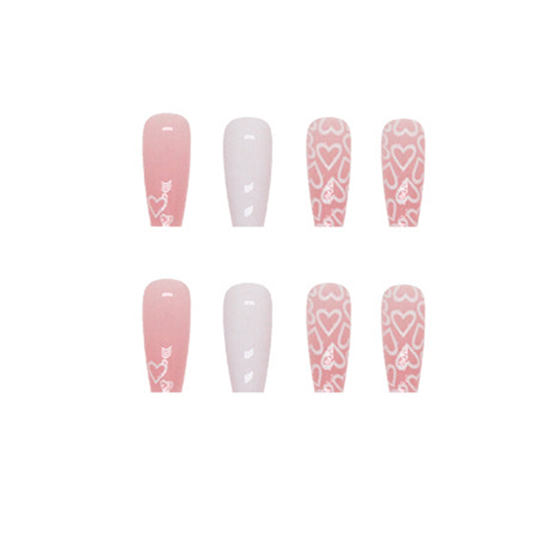 Long Coffin White with Heart Pattern Design Press on Nails