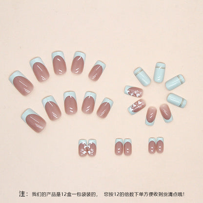 Square Press-On Nail Set – Pastel Blue French Tips with Butterfly Nail Art | Glossy Reusable False Nails(Set of 24)