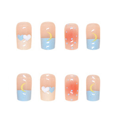 Square Press-On Nail Set – Pastel Blue & Yellow Hearts with 3D Bow | Glossy Reusable False Nails (Set of 12)