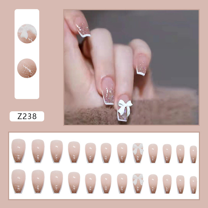French Tip with White Bow and Glitter Design, 12 Pieces, Press-On Nails