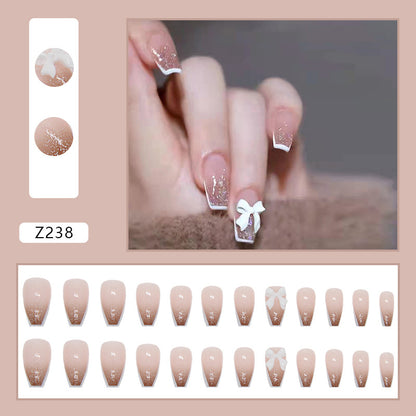 Nude Glitter French Tip Coffin Press-On Nails – 3D White Bow Glossy Nail Set (Set of 12)