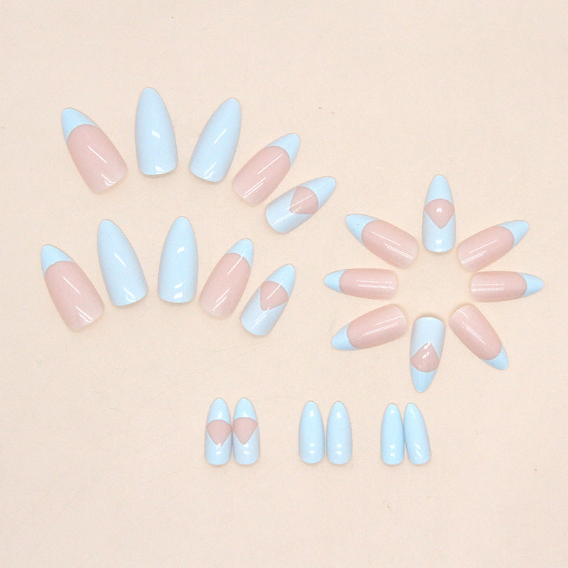 Stiletto Shape, Baby Blue and Pink French Tips, 24 Pieces, Artificial Press-On Nails
