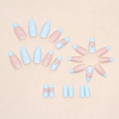 Baby Blue French Almond Press On Nails – 24 Piece Glossy Pastel Curve Tip Nail Set