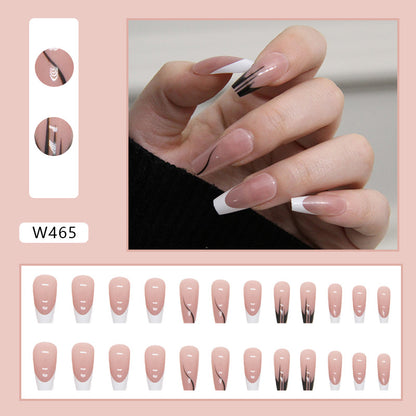 24-Piece Nude French Tip Coffin Press-On Nails – Glossy Long False Nails with Modern White Tips | Reusable Stick-On Nail Set