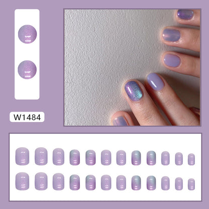 24-Piece Lavender Chrome Press-On Nails – Glossy Short Square False Nails with Aurora Accent | Reusable Stick-On Nail Set
