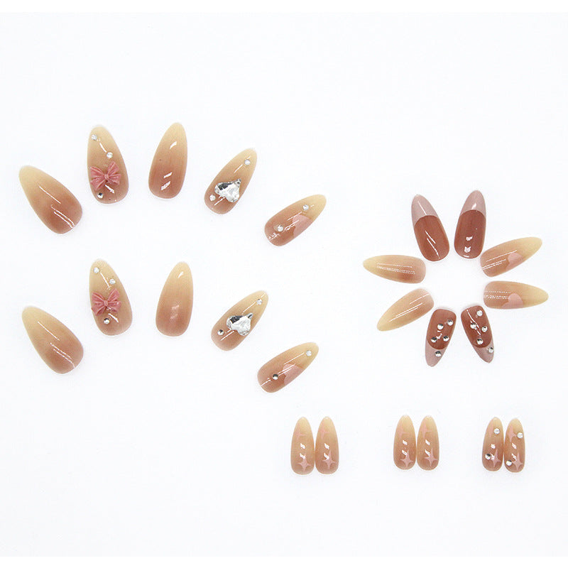 Luxury Set, Nude Pink with Crystal Rhinestones, 3D Bow Design, Almond Shape, Press-On Nails