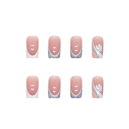 Medium Square Press-On Nail Set – Pink French Tips with Blue Glitter & Floral Accent | Glossy Reusable False Nails (Set of 24)