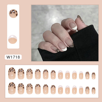 24-Piece Nude French Tip Leopard Print Press-On Nails – Glossy Almond False Nails | Reusable Stick-On Nail Set