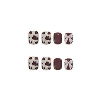 Mocha Brown Bow & Speckled Accent Press-On Nails – 12 Piece Glossy Square Nail Set