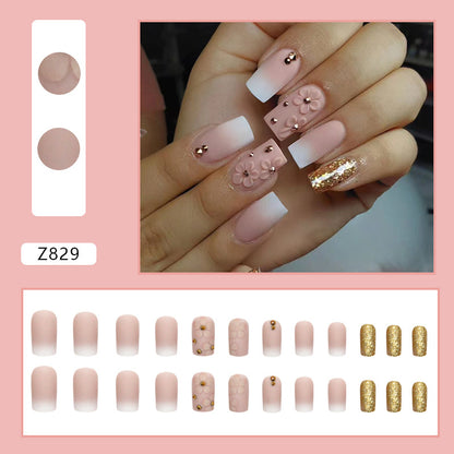 Long Square Press-On Nail Set – Matte Pink Ombre Flower Nails with Gold Glitter Accent | Reusable False Nails (Set of 12)