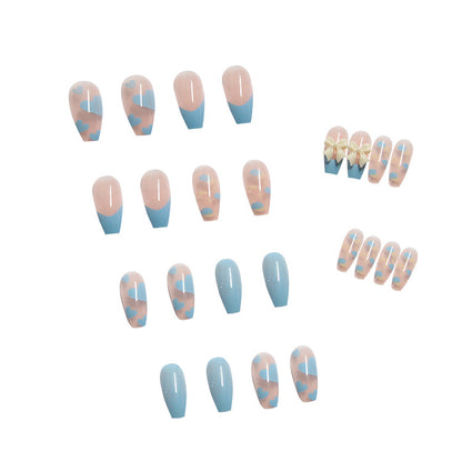 Long Almond Press-On Nail Set – Sky Blue Heart Nails with 3D Bow Accent | Glossy Reusable False Nails (Set of 12)