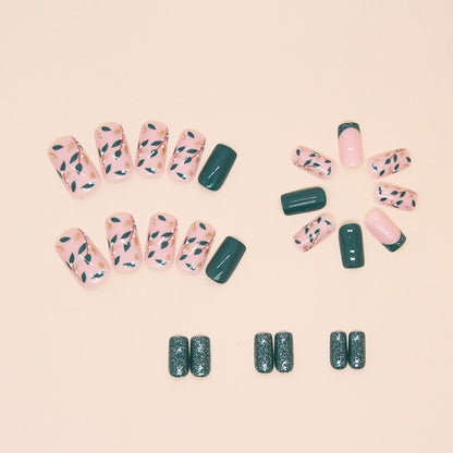 Emerald Green Botanical Press-On Nails – Glitter French Tip Square Nail Set (Set of 24)
