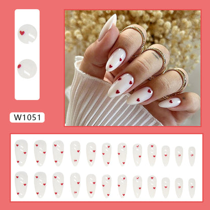 24-Piece White Heart Almond Press-On Nails – Glossy French Style False Nails with Red Heart Design | Reusable Stick-On Nail Set