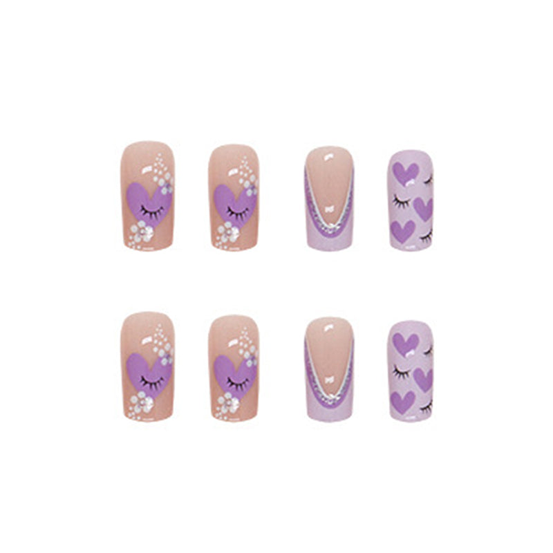 Valentine Hearts and Eyelashes Nail Art Design, French Tip Manicure Set, Purple and White, Press on Nails
