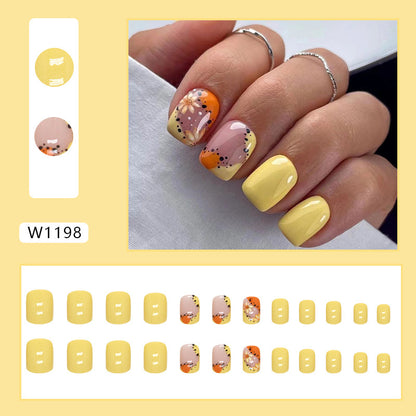 Sunshine Yellow & Orange Floral Square Press-On Nails – Glossy Ombre Daisy Nail Set (Set of 24)