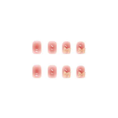 Nude Glitter Bow Square Press-On Nails – 3D Gold Bow Glossy Nail Set (Set of 12)