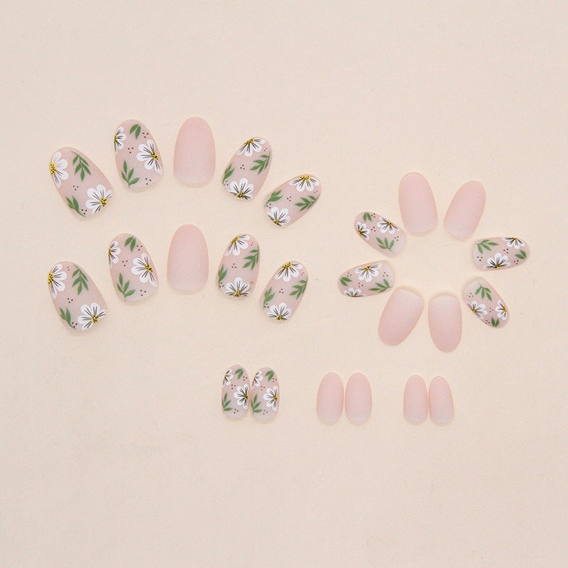 Spring Floral, Matte Pink with White Daisy Design, Almond Shape, Press-On Nails