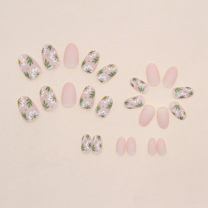 Blush Pink Daisy Almond Press-On Nails – Matte Floral Nude Spring Nail Set (Set of 24)