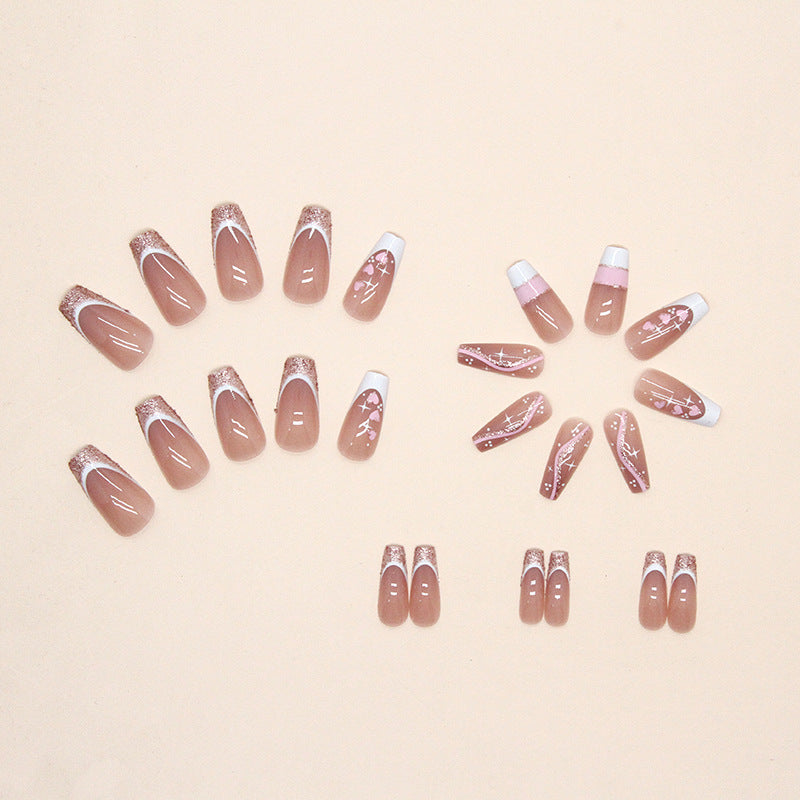 Glitter Stars Design, Pink and White, Square Shape, French Tip Press-On Nails