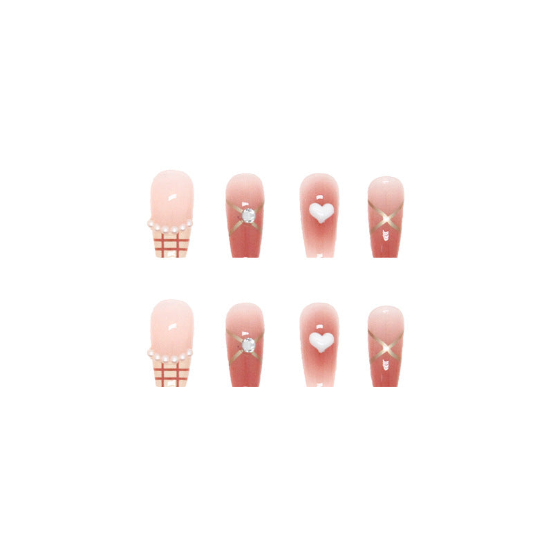 Long Square French Tips with Heart Design, Crystal Rhinestone Bowknot, Pink Gradient, Press on Nails